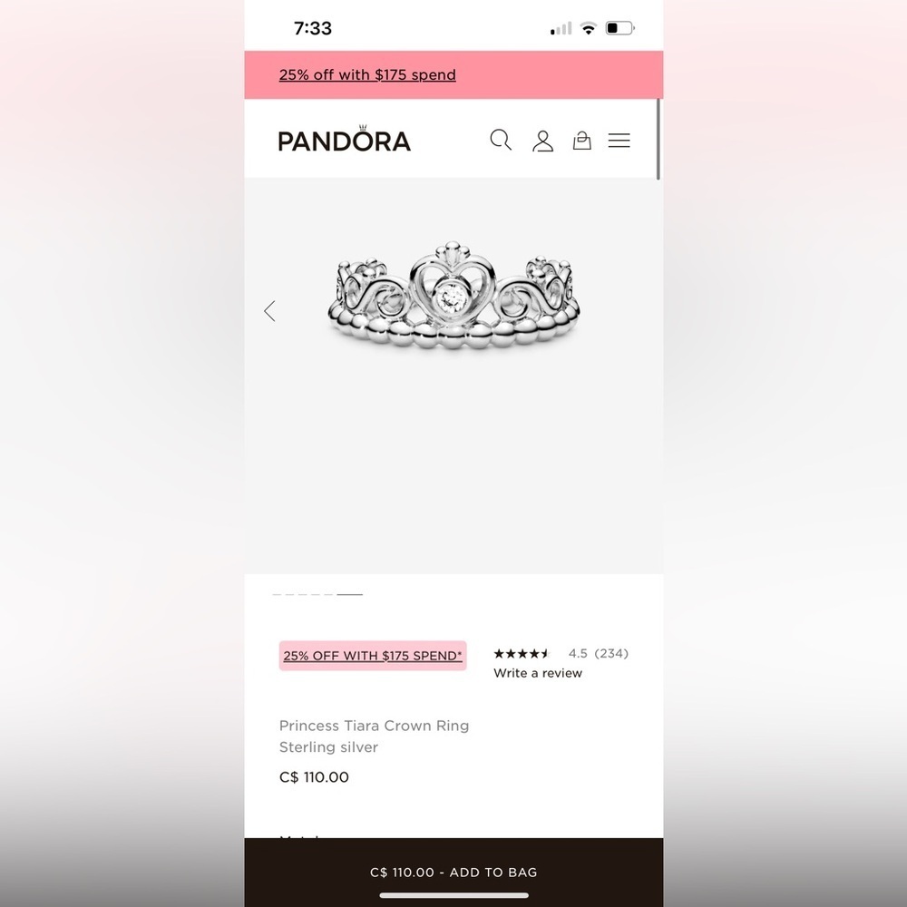 Pandora Princess Tiara Crown Ring sterling silver cubic zirconia 925 silver Sz 6 - Picture 2 of 8